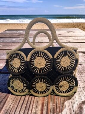 Handwoven Black and Natural Circle Accent Tote Floral Bella